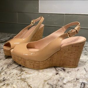 Stuart Weitzman Jean Patent Peep-Toe Wedge Sandal size 8
